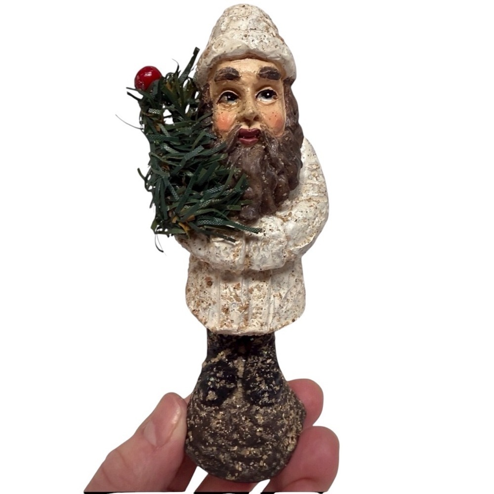 Vintage Old World Santa Claus Holiday Ornament Resin White/Brown EUC